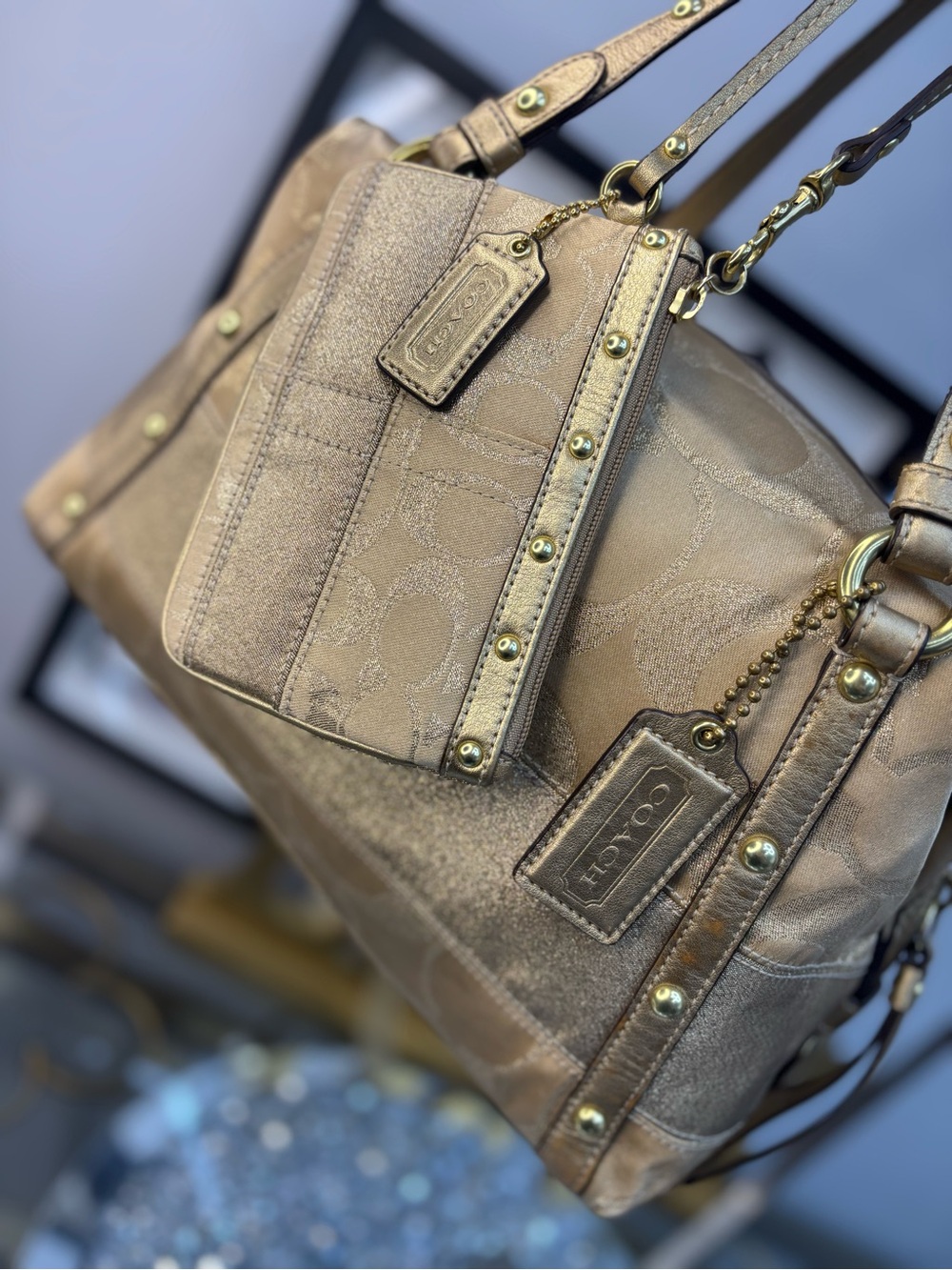 Coach 2008 Signature Stripe Studded Lurex Satchel w/matching wristlet EUC - Picture 4 of 15